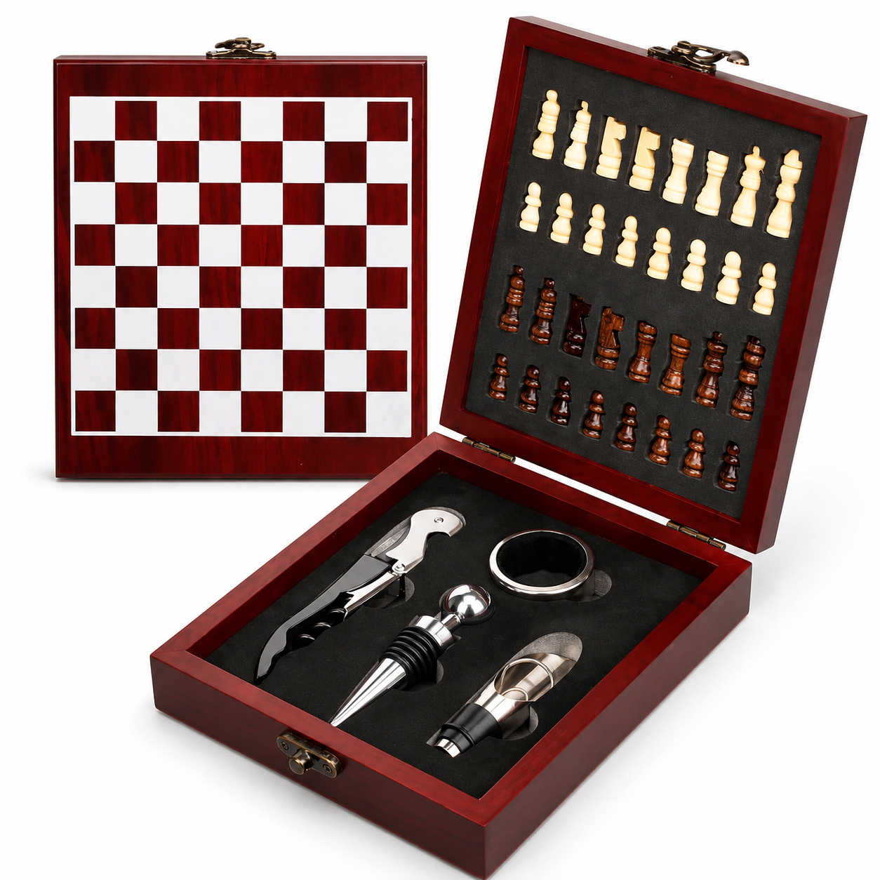 Set Scacchi in Legno con Accessori Vino – Cofanetto Regalo Elegante